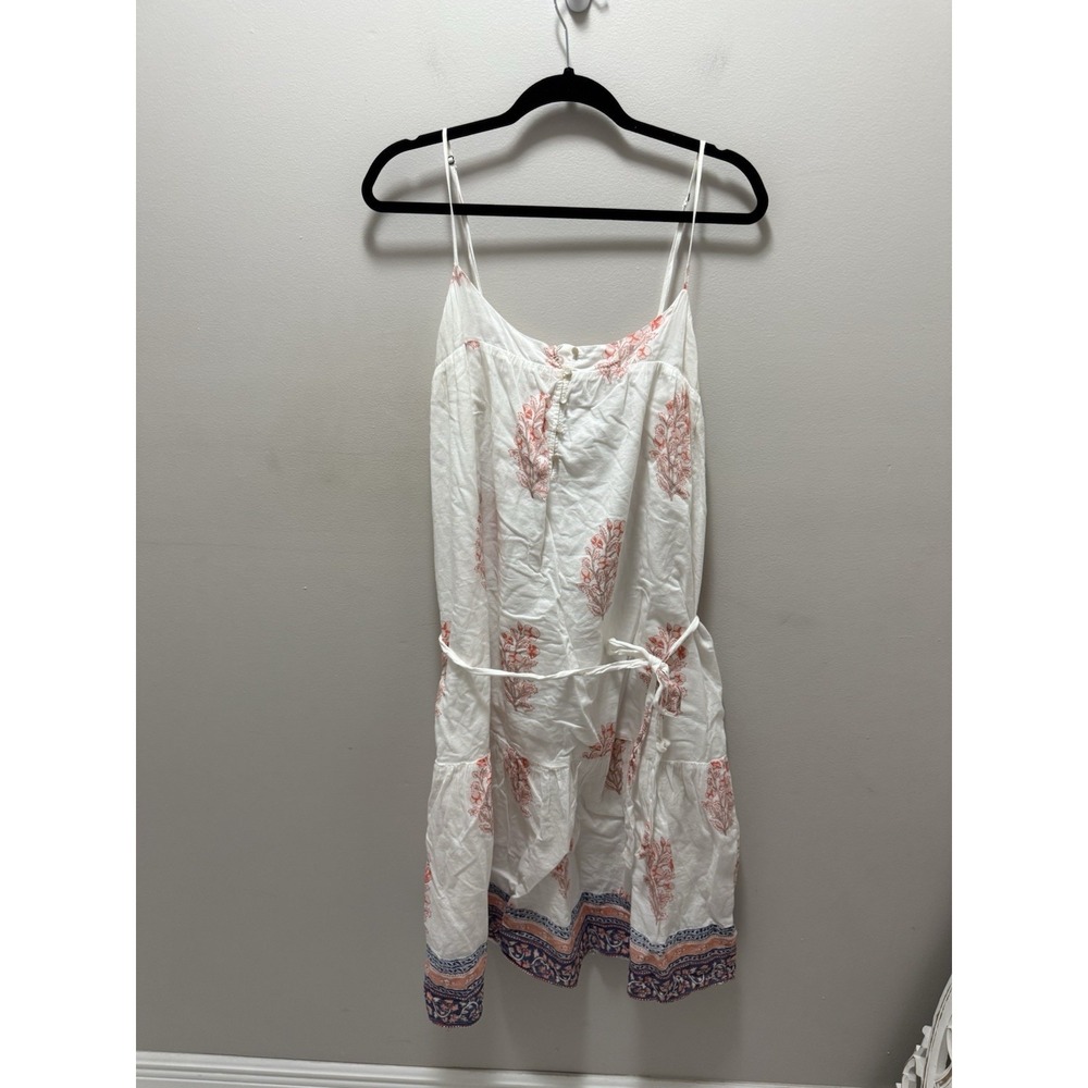 Lucky Brand White Floral‎ Cotton Dress Boho Printed Sleeveless Tie Waist Size L